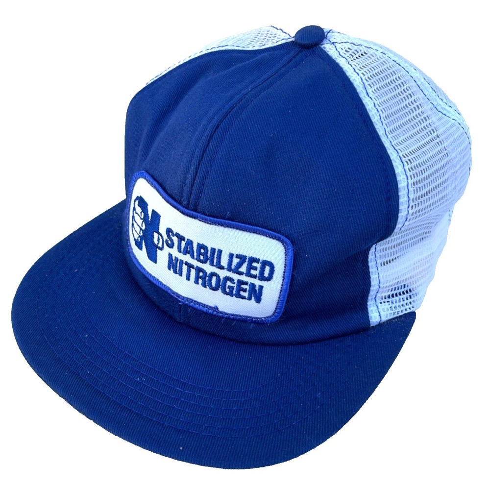 Vintage Trucker Hat Cap Snap Back Blue White USA Made 80s 90s Patch Farm Gas CC